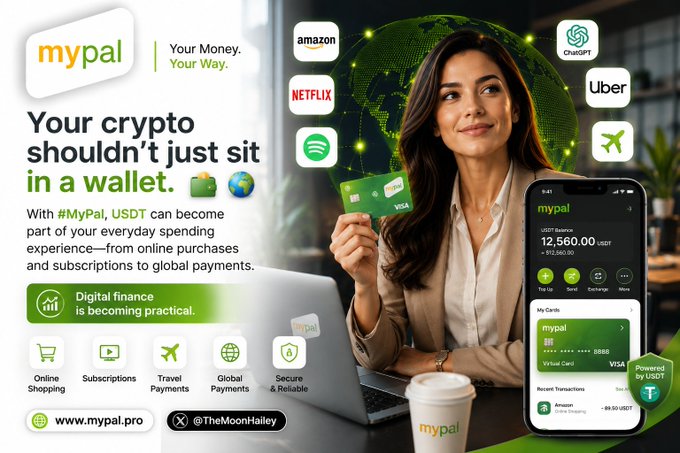 A promotional ad for MyPal features a woman holding a Visa card and a smartphone displaying a balance of 12,560.00 USDT, surrounded by logos of brands like Amazon, Netflix, Spotify, ChatGPT, and Uber, with the tagline "Your crypto shouldn't just sit in a wallet."