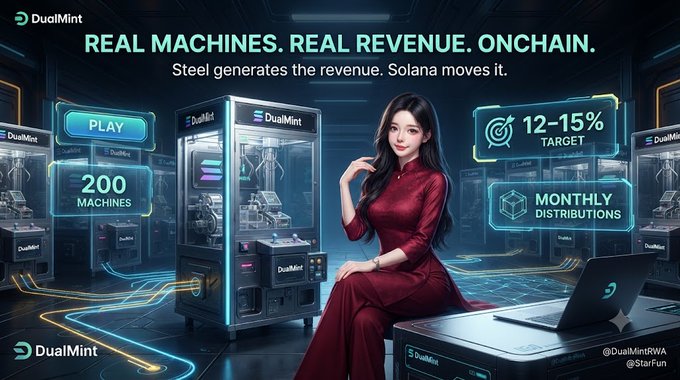 An advertisement for 'DualMint' features a woman in a red dress posing beside arcade-style machines, with text reading 'REAL MACHINES. REAL REVENUE. ONCHAIN. Steel generates the revenue. Solana moves it.' and highlights '200 MACHINES', '12-15% TARGET', and 'MONTHLY DISTRIBUTIONS.'