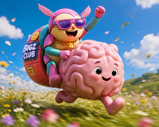 A cute bug character wearing pink sunglasses and a pink hat with feathers rides a happy pink brain through a colorful flower field, with a shell labeled "BUGZ CLUB" on its back. The whimsical "Brainrot x Bugz Club" collaboration imagery ties into the post celebrating the partnership, Genesis Bugz allocation, and utility boost for the @brainrotproject.