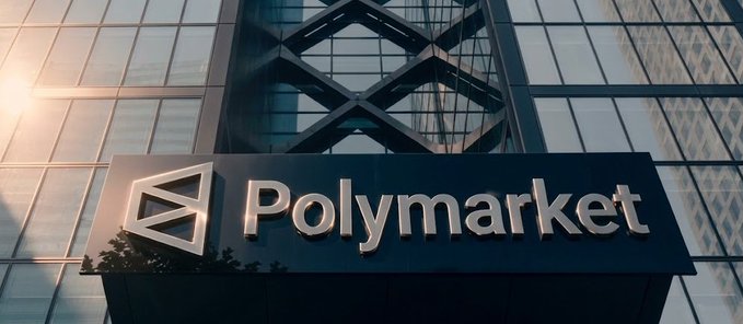 The exterior of a modern glass building displays a 'Polymarket' sign with its triangular logo, illuminated against the reflective windows.
