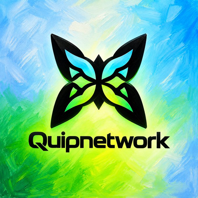 A logo featuring a stylized black butterfly with green and blue accents on a painterly blue and green background, with the text "Quipnetwork" displayed below.