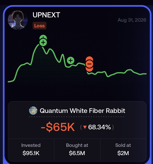The image shows a trading loss summary for "UPNEXT" dated Aug 31, 2026, displaying a -$65K (-68.34%) loss on "Quantum White Fiber Rabbit" after buying at $6.5M and selling at $2M. The illustrated downward chart with green buy markers and a red sell marker visually reinforces the post's cautionary message about panic-selling established positions like $CASHCAT to chase volatile new assets.