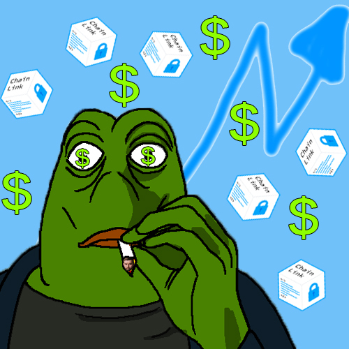 A Pepe the Frog meme smoking a joint with dollar signs in his eyes, surrounded by dollar symbols, 'Chain Link' data icons, and a rising blue arrow on a blue background.