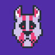 A pixel art illustration of a white and pink wolf or fox head with red eyes set against a solid purple background.