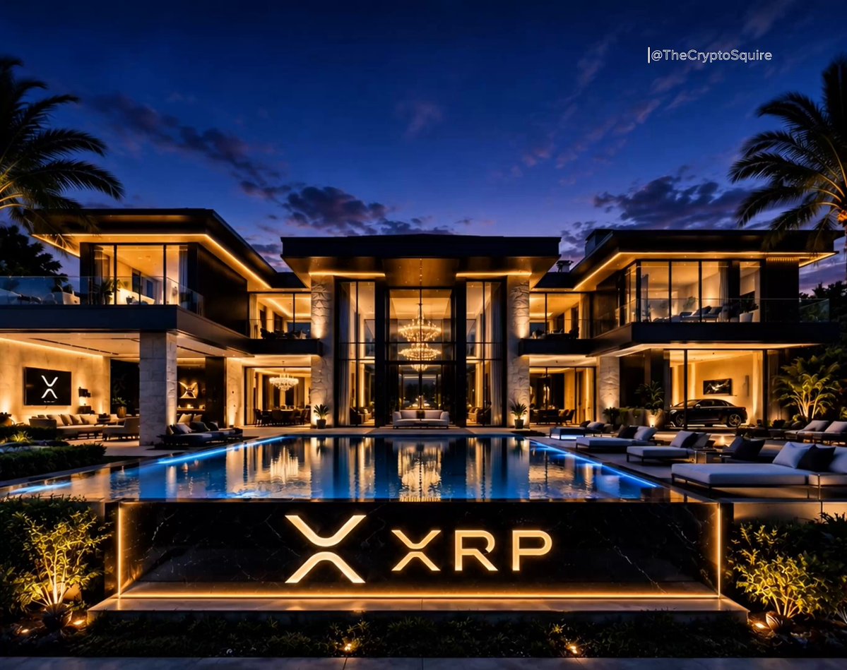 The image features an upscale residential property with a large pool, surrounded by palm trees. In front of the house, there's a sign that reads "XRP" along with the words "real estate era xrp". The image also includes text about Ripple and real estate opportunities in the United States.

The main focus is on the luxurious residential property, which has a large pool surrounded by palm trees. The image does not provide any information about the time of day or weather conditions at the moment when the photo was taken.