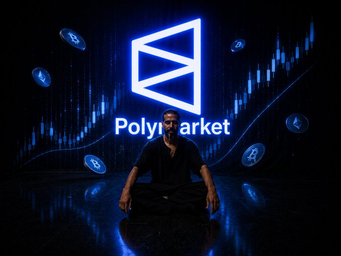 A man in dark clothing sits cross-legged in a meditative pose in front of a glowing blue Polymarket logo and cryptocurrency coins, with financial charts in the background.
