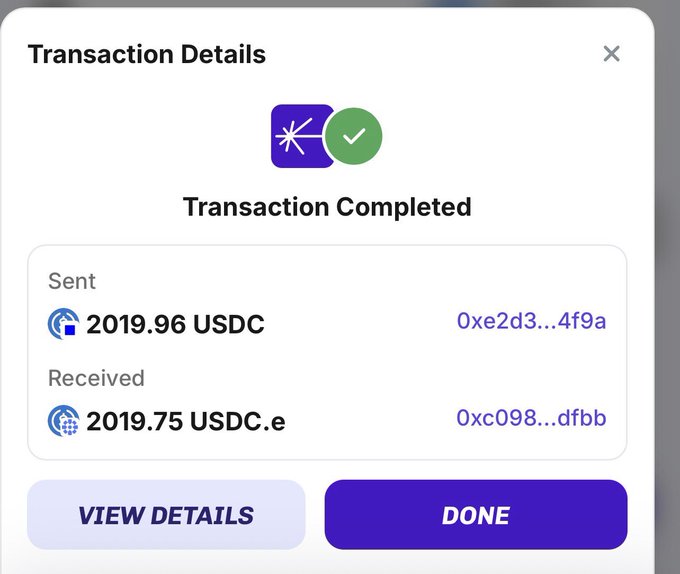 A mobile app transaction confirmation screen showing 'Transaction Completed' with 2019.96 USDC sent and 2019.75 USDC.e received, including transaction hashes and 'VIEW DETAILS' and 'DONE' buttons.