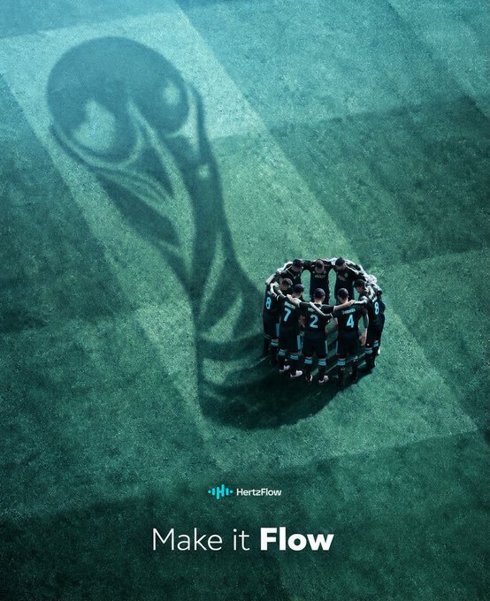 HertzFlow advertisement featuring an aerial view of a soccer team huddle casting a trophy-shaped shadow on a green field, with the tagline 'Make it Flow'.