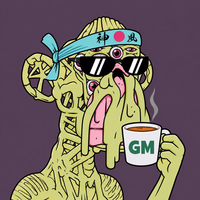 A cartoon illustration of a Cthulhu-like creature with tentacles wearing a Japanese headband with kanji '神風' (Kamikaze), black sunglasses, and holding a white mug labeled 'GM' (Good Morning) with coffee.