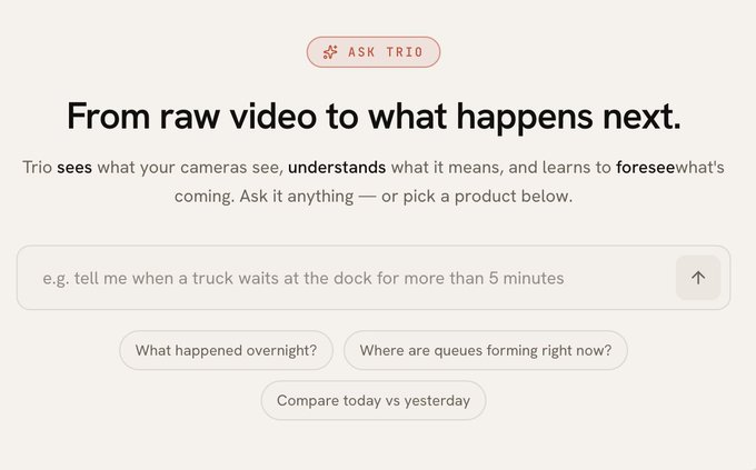 Screenshot of the ASK TRIO interface with the tagline 'From raw video to what happens next,' describing how Trio 'sees,' 'understands,' and learns to 'foresee' what's coming, featuring a search bar and example prompts.