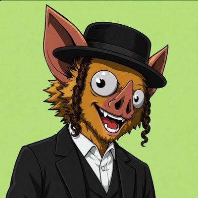 Illustration of an anthropomorphic boar or pig character with brown fur, large eyes, curly sideburns, wearing a black top hat and black suit with a white shirt, set against a green background.