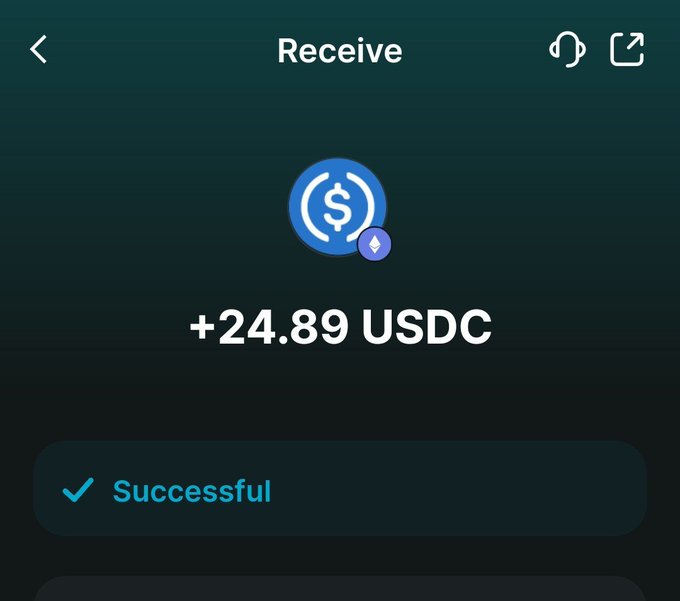 A cryptocurrency wallet 'Receive' screen confirms a successful transaction of +24.89 USDC, displayed on a dark green background.