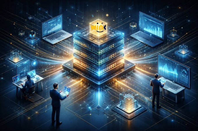 A futuristic digital artwork depicting multiple figures working on laptops and tablets, connected by glowing blue and gold data streams to a central 3D server cube in a dark technological space.