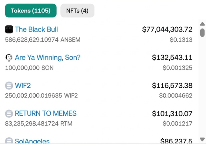 The image displays a portfolio list showing "The Black Bull" (ANSEM token) at the top with a value of $77,044,303.72, alongside other memecoins like "Are Ya Winning, Son?" (SON) and WIF2. This visually supports the post's warning that the ANSEM token creator still holds approximately $77 million worth of tokens despite airdropping $9M, illustrating the risk of him dumping his 60% supply on holders.