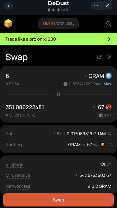 A DeDust swap interface showing a transaction to exchange 6 GRAM (≈$8.34) for 351.086222481 of the "67" token at a rate of 1 67 ≈ 0.017089819 GRAM, with the routing path displayed as GRAM → 67. This illustrates the user's funding of their wallet with Gram to acquire the 67 token, supporting their goal of benefiting if the token's market cap reaches $30M.