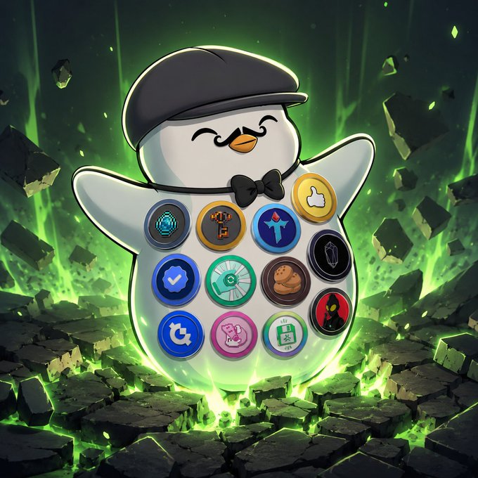 A whimsical white bird-like character wearing a black beret and bow tie, adorned with various app icons including an Abstract badge, standing amidst a glowing green magical aura and shattered ground.