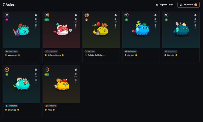 A screenshot of a computer game interface displaying various Pokemon characters for purchase, each accompanied by their respective rarity status (rare or common). The characters include a yellow one that has just been purchased by an individual player named @AxieInfinity. The list also includes the rare Pokémon sumo summer and high level.