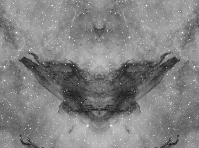 A symmetrical black and white image resembling a cosmic nebula or Rorschach inkblot with a wing-like or creature-like central form surrounded by stars.