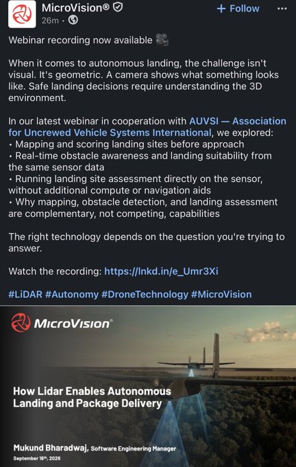A LinkedIn post from MicroVision announcing a webinar recording about LiDAR technology for autonomous landing, including hashtags #LiDAR, #Autonomy, #DroneTechnology, and #MicroVision.