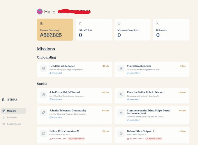 A screenshot of the Ethra platform dashboard showing 'Current Standing #567,825' with 0 Ethra Points, 0 Missions Completed, and 0 Referrals, listing various onboarding and social tasks with point rewards.