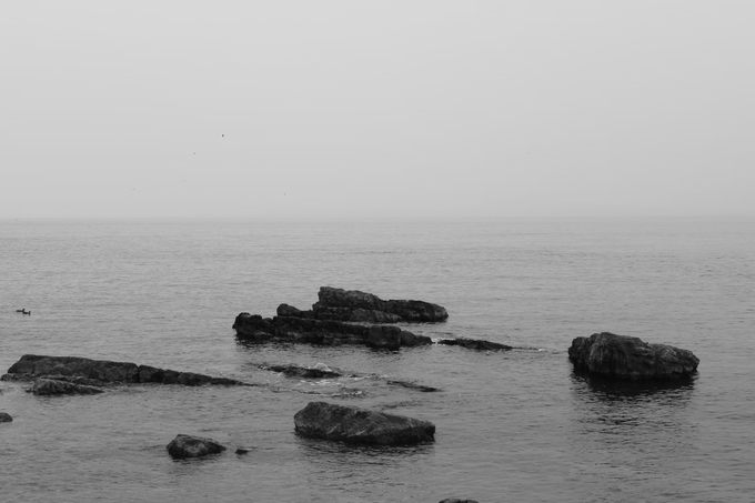 A misty, black-and-white seascape shows jagged rocks emerging from calm, fog-covered waters under an overcast sky, evoking a quiet, reflective mood.

The serene, isolated coastal scene mirrors the post's tone of stepping back after a busy week—work is finished, trades are set, and now it's time to unwind and enjoy the weekend ahead.