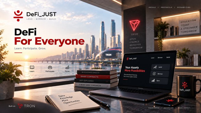 A promotional banner for DeFi_JUST shows a modern desk setup with a laptop, books on cryptocurrency topics, and a city skyline view, with text reading 'DeFi For Everyone - Lend, Borrow, Build' and 'Built on TRON'.