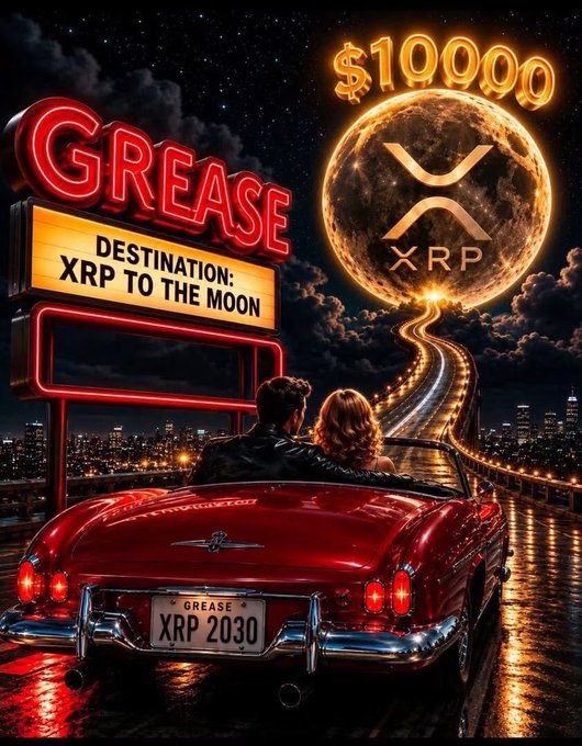A digital artwork depicting a couple in a red convertible car on a road leading to a glowing '$100000' moon with the XRP logo, alongside a neon sign reading 'GREASE DESTINATION: XRP TO THE MOON'.
