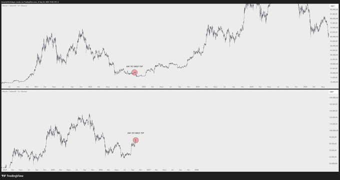 The image shows two TradingView charts of BTC/USD with red annotations labeled "DAY 353 SINCE TOP" marking the same point in the market cycle, illustrating that the current cycle is at the same stage as a previous cycle where $BTC went on to make new highs.