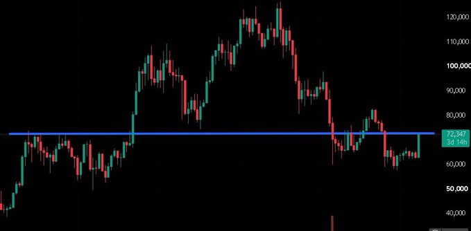 A candlestick chart showing a cryptocurrency's price action ranging from approximately 40,000 to 120,000, with a horizontal blue support line near 72,347.
