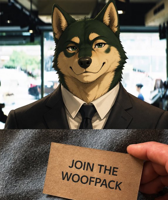 An anime-style wolf character in a sharp black suit and tie is shown in two panels: the top displays the character's confident face, while the bottom shows a hand holding a cardboard card reading "JOIN THE WOOFPACK," inviting viewers to become part of the $WOOF community.