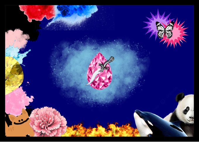 A surreal digital collage on a dark blue background features a pink diamond with a dagger, surrounded by a panda, an orca, a cat, colorful flowers, paint splatters, fire, and a butterfly graphic.