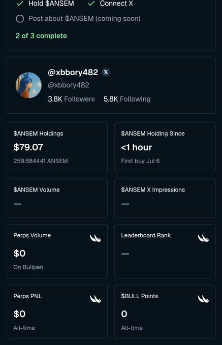 Dashboard showing crypto/X (Twitter) account @xbbory482 with 3.8K Followers and 5.8K Following, displaying $ANSEM holdings of $79.07 (259.684441 ANSEM) and various metrics like Perps Volume and PNL.