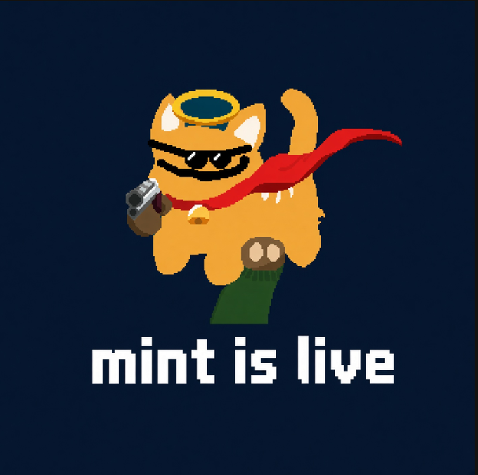 A pixel art illustration of an orange cat character wearing a blue hat, sunglasses, and a red cape, holding guns and standing on a green pedestal, with the text 'mint is live' displayed below.