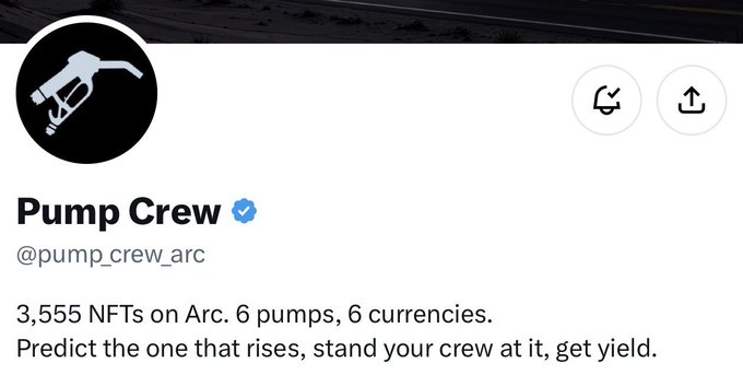 A Twitter/X profile for 'Pump Crew' (@pump_crew_arc) with a verified blue checkmark, showing a gas pump logo and bio reading '3,555 NFTs on Arc. 6 pumps, 6 currencies. Predict the one that rises, stand your crew at it, get yield.'