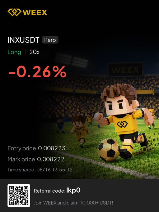 The image is a WEEX trade confirmation showing a long position on INXUSDT Perp at 20x leverage with a -0.26% return, entry price 0.008223, mark price 0.008222, timestamped 08/16 13:55:12, alongside a referral code (lkp0) promotion offering 10,000+ USDT sign-up bonus. It visually confirms the "$INX BOUGHT!" post by documenting the executed INX perpetual long trade on WEEX.