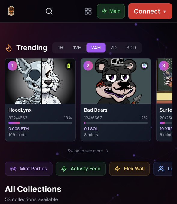 A dark-mode NFT marketplace interface displaying a 'Trending 24H' section with collections like 'HoodLynx' and 'Bad Bears'.