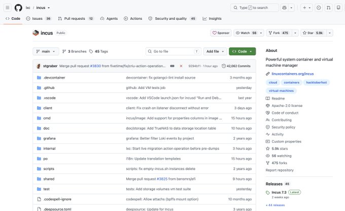A GitHub repository page for "incus" (incus-org/incus), a powerful system container and virtual machine manager with 5.9k stars, 56 watchers, and 475 forks, showing its main branch directory structure with folders like devcontainer, cmd, doc, and shared. The post hints at using incus for self-hosting container operations on a personal VPS, likely referencing the repository as a resource for setting up oRbS (a Termux-based Android Remote Build System) infrastructure on one's own server.