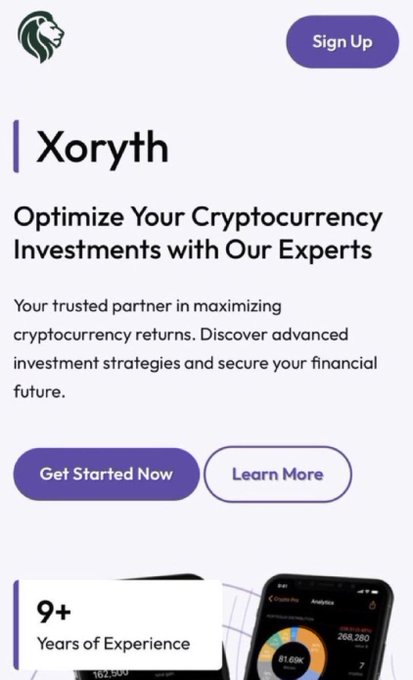 The image shows an advertisement for cryptocurrency trading services that includes a phone number and website address. The text on the screen reads "9+ years of experience", which suggests that the company has been operating for quite some time, possibly offering various services related to cryptocurrency trading. However, there is also information about potential risks associated with cryptocurrency trading, such as delayed withdrawals or hidden fees, which might be important factors to consider before engaging in this type of financial activity.