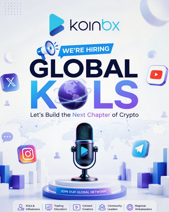 A promotional graphic for KoinBX recruiting Global KOLs, with text reading "WE'RE HIRING GLOBAL KOLS - Let's Build the Next Chapter of Crypto - JOIN OUR GLOBAL NETWORK," featuring icons for social platforms and roles like KOLs & Influencers, Trading Educators, Content Creators, Community Leaders, and Regional Ambassadors.