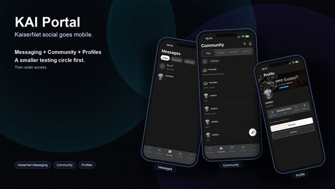 The image shows a screenshot of three cell phones from different angles, displaying a website called "Kai portal" with its features highlighted, including messaging, community activity, profiles, and other functionality. The text overlay indicates that this app has been beta-tested by users and is in public release, providing an accessible way to communicate with others through channels such as messaging, profile browsing, and community interaction.
