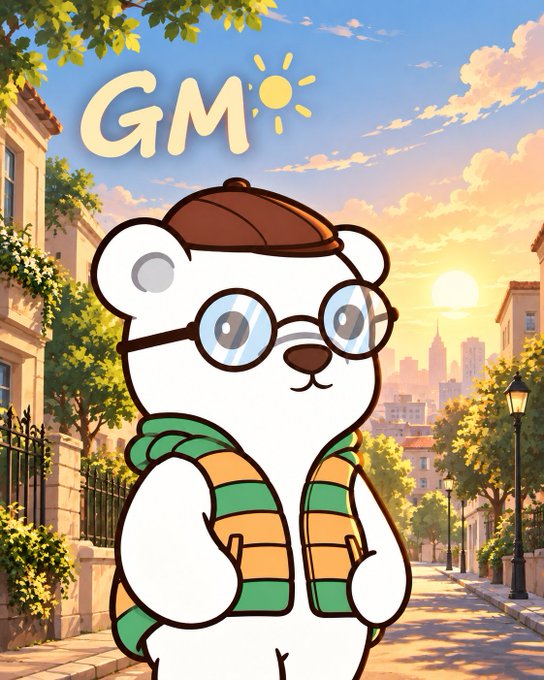 A cheerful cartoon polar bear wearing a brown cap, round glasses, and a green-and-yellow striped scarf stands against a warm sunset cityscape, with "GM ☀️" written in playful yellow text in the sky—perfectly matching the post's friendly morning greeting and call for a "GM" from the community.