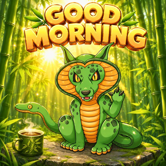 A colorful digital illustration featuring a green dragon-like creature sitting on a stone in a bamboo forest, waving hello, with "GOOD MORNING" in large yellow letters and a steaming cup of coffee nearby.