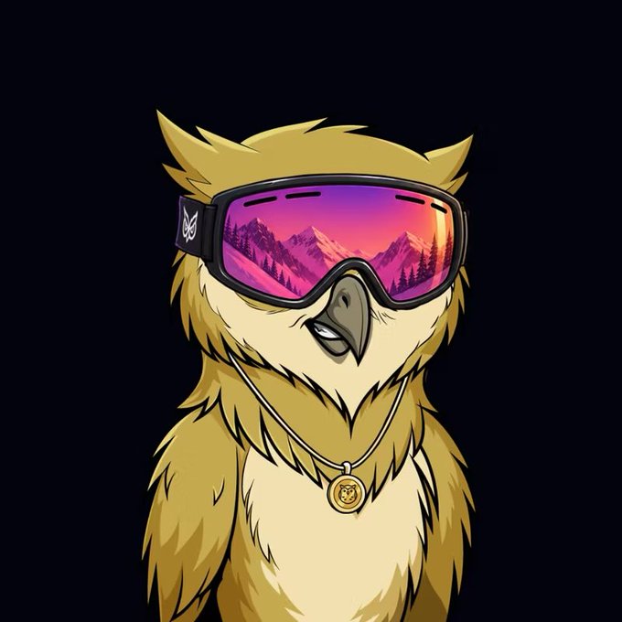 A cartoon owl with golden feathers wearing large reflective ski goggles and a gold medallion necklace, against a black background. The image serves as the NFT profile picture for user @Owltopia_sol #1522 featured in the giveaway.