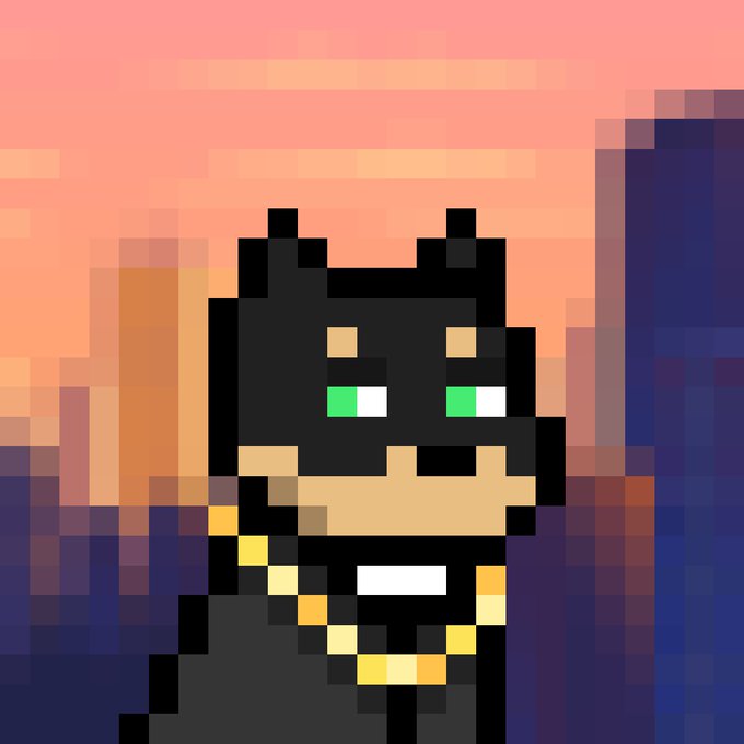 Pixel art image of a Batman-style character with green eyes against a pixelated city sunset background.
