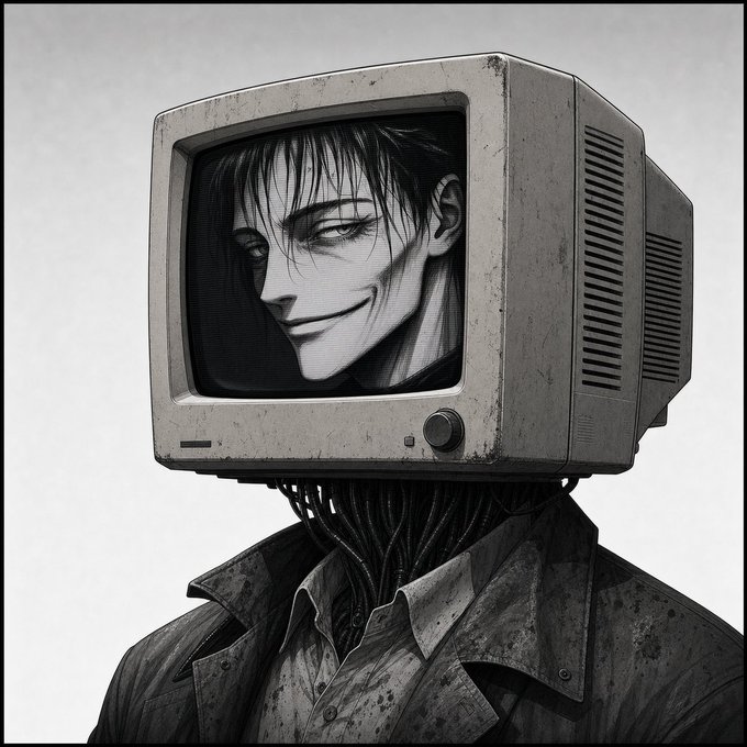 A black and white surrealist illustration of a man with a vintage CRT television as his head, displaying a sinister smiling face on its screen.