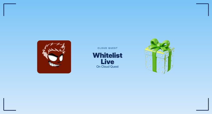 A promotional graphic for "Variant_nft" announces that the whitelist is live on Cloud Quest, featuring the Variant character's menacing grinning face logo alongside a wrapped green gift box on a light blue background. The central text reads "CLOUD QUEST Whitelist Live On Cloud Quest," tying directly to the post's announcement of 100 free whitelist spots for the PFP collection on the Robinhood blockchain.