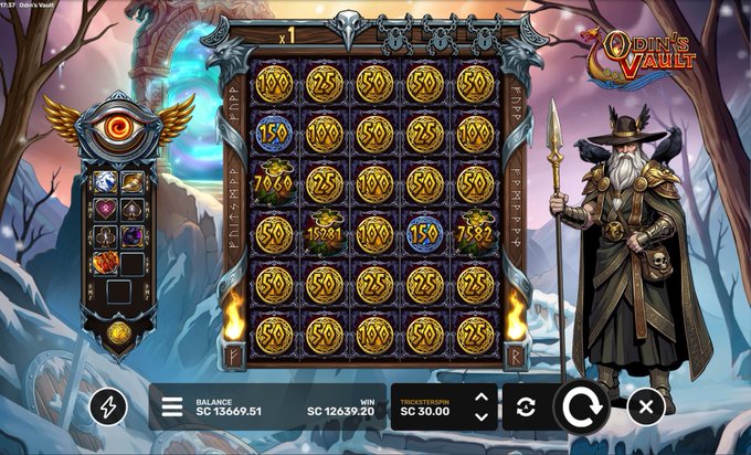 “Odin’s Vault” shows a 6×5 slot grid with multiplier symbols up to 1,500×, a SC 30 wager, and a SC 13,659.51 balance. It illustrates the promoted “Trickster Spins” session, advertised as a $30 bet targeting $12,000 on Captain Death.