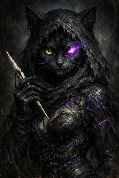 A cloaked, cat-like figure with glowing eyes and purple mystical stitches across its body holds a pointed stylus, fitting the post's theme of an NFT creator presenting their craft and emphasizing the value of personal reputation and dedication in Web3.