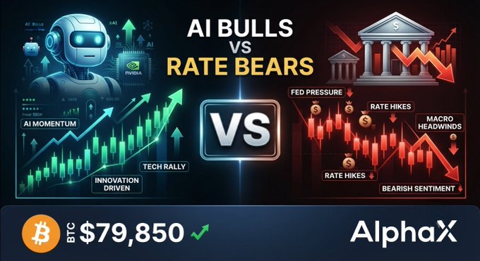 A graphic titled 'AI BULLS vs RATE BEARS' showing an AI robot and NVIDIA logo opposing a Federal Reserve building with falling charts, highlighting 'AI MOMENTUM' and 'TECH RALLY' against 'FED PRESSURE' and 'BEARISH SENTIMENT', with BTC at $79,850 and AlphaX branding.