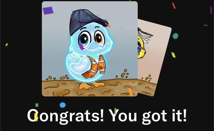 A glowing blue duck card appears with confetti and the text “Congrats! You got it!”, signaling that one of the two newly bought @yuckyducks is the prize in the flash hunt.